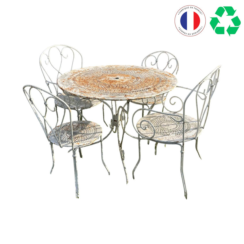 Matériaux d'antan : ENSEMBLE TABLE ET CHAISES BLANC FERRONNERIE H69